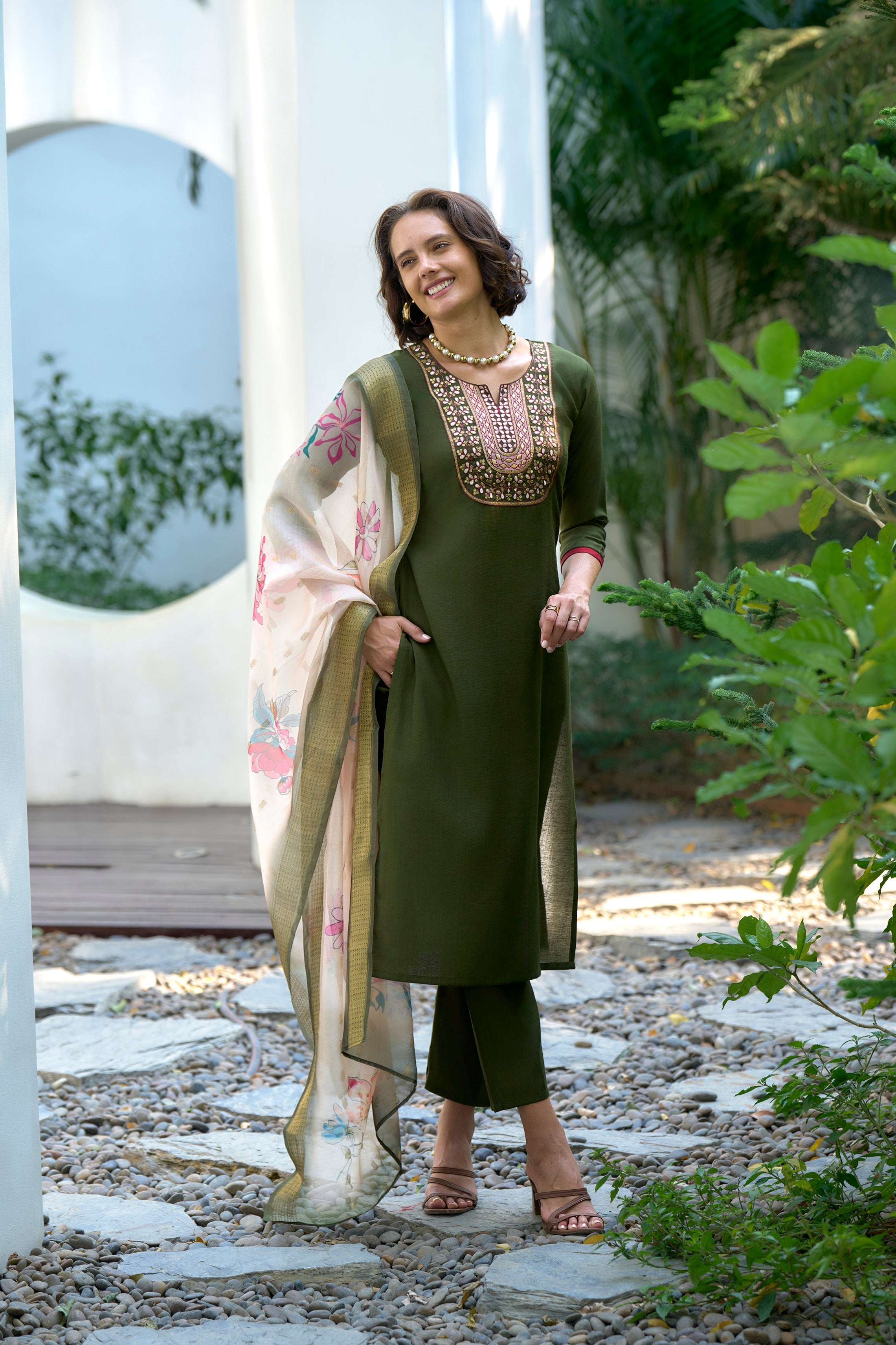 Mehandi Green Embroidered Neck Vatican Kurti Set with Organza Butti Dupatta